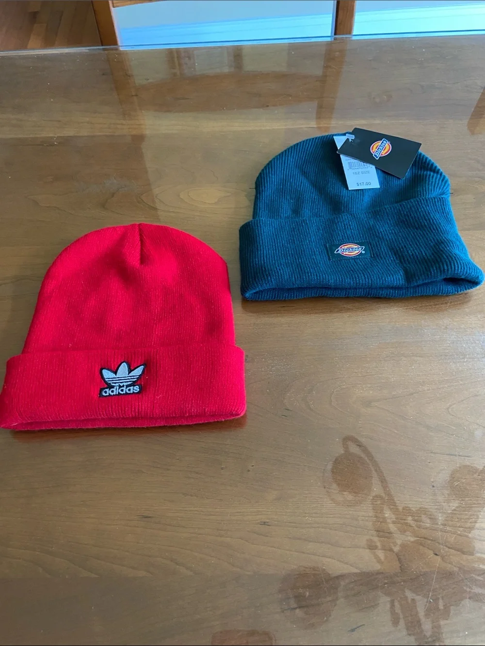 adidas Kids Red Ribbed Beanie with Trefoil Patch and Pacsun Dickies Green Hat.